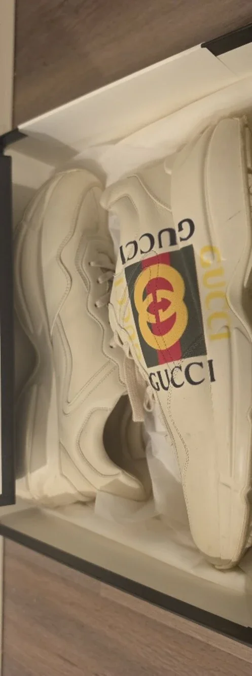Gucci Cream Leather Sneakers with Red & Yellow Logo
